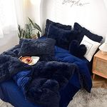 Plush Shaggy Duvet Cover Set Luxury Ultra Soft Crystal Velvet Bedding Sets 4 Pieces(1 Fitted Sheet + 1 Plush Duvet Cover + 2 Pillow Covers), Zipper Closur (Navy,Twin(150x200cm))