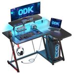 ODK L Shaped Gaming Desk with LED Lights & Power Outlets, Gaming Table with Monitor Stand, Corner Gaming Desk with Storage, Computer PC Desk Carbon Fiber Black 100 cm