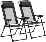 Outsunny Folding Patio Chairs Set of 2, Outdoor Deck Chair with Adjustable Sling Back, Camping Chair with Removable Headrest for Garden, Backyard, Lawn, Black