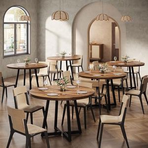 Tribesigns Round Commercial Dining Table Set of 6, 31.5" Heavy Duty Dinner Table with Metal Base, Wooden Kitchen Table for Restaurant, Cafe, Bakery, School, Apartment, Rustic Brown & Black