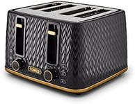 Tower T20061BLK Empire 4-Slice Toaster with Defrost/Reheat, Removable Crumb Trays, 1600W, Black and Brass