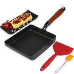 Artcome Japanese Omelette Pan Non-Stick Coating Tamagoyaki Egg Pan Rectangle Mini Frying Pan, with Silicone Spatula & Brush, Black Plate and Magic Sponge Eraser, 7" x 6" (Black)