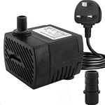 Mini Submersible Water Pump (350L/H, 5W) Adjustable Ultra Quiet Fountain Water Pump for Aquarium, Fish Tank, Pond, Statuary, Hydroponics, Indoor or Outdoor Fountain with 1.5M Power Cord and 2 Nozzles