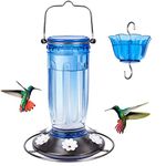 Kingsyard Glass Hummingbird Feeder for Outdoors Wild Bird Feeder with 6 Feeding Ports Hanging for Garden Yard, Blue (Ant Moat Included)