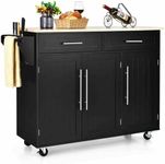 Costway Kitchen Island on Wheels, Mobile Kitchen Storage Cart with Knife Rack, Towel Bar, 2 Drawers & 3 Doors, Buffet Sideboard with Rubber Wood Top for Home, Cafe, Restaurant (Black)