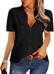 AISEW Womens Casual Button Down Shirts V Neck Chiffon Short Sleeve Collared Office Work Blouses Tops with Pocket (1187Black, Large)