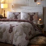 De Cama Tartan Check Stag King Duvet Quilt Cover Bedding Set Natural & Brown, Cotton and Polyester,3 pieces, King