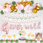 82 PCs Four Ever Wild Birthday Decorations Girl, Hombae Safari Jungle Themed 4th Birthday Decorations for Girl Backdrop Balloon Garland Artificial Leaves Banner Cake Cupcake Topper Cheetah Print Gold
