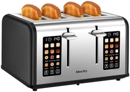 Mecity 4 Slice Toaster with Touch Screen Control, 4 Wide Slots, Stainless Steel Smart Bread Toaster for Bagels, Muffins, Waffles, Dual Control Panel, Timer, Defrost, Reheat, 120V 1650W, Matt Black