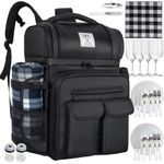 ITHWIU Picnic Backpack for 4 Person with 2 Insulated Leakproof Cooler Compartment, 4 Cutlery Sets, Wine Holder, Fleece Blanket, Perfect for Beach, Camping, Hiking, Black