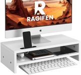 RAGIFEN White Wood Monitor Stand Riser, 2 Tier Stable Computer Monitor Riser for Desk Organizers, Anti-slip Laptop Riser Computer Monitor Shelf for PC Notebook Printer Computer iMac, Easy to Assemble