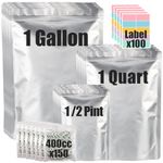 100pcs Mylar Bags for Food Storage with 150 Oxygen Absorbers & 100 Labels, 10 Mil Thick 3 Sizes (1 Gallon, 1 Quart, 1/2 Pint) - Stand-Up, Resealable & Heat Sealable for Long Term Food Storage