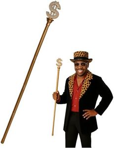 Nicky Bigs Novelties Adult Costume Accessory Jeweled Sign Money Cane Dollar Symbol Staff, Gold, One Size