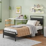 BORPHOM Single Bed Frames with Wood Headboard,Heavy Duty Metal Platform Bed Frame Single,Solid Bedstead Base,No Box Spring Needed,Mattress Base,Enhanced Support Leg,Under Bed Storage,Black 90 x 190cm