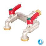 iBamso Brass 1/2'' Inch Double Water Tap, Tap and Splitter 2 in 1,1/2 Inch Inlet and Two 3/4 Inch Outlet Taps Splitter Ball Valve Faucet, 2 Way Tap Connector with Individual On/Off Tap Adapter