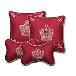 BETRONG Car Neck Pillow Crown Linen Auto Breathable Head Neck Rest Cushion Headrest Support Soft Pillows for Travel Seat Pillows Set for Sedan SUV (Red, 2 x Neck Pillow + 2 x Back Cushion)