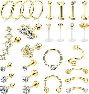 JeryWe 27Pcs 16G Cartilage Earrings Stud Hoop for Women Men Stainless Steel Helix Piercing Tragus Earrings Forward Conch Piercing Jewelry