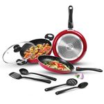 Milton Pro Cook Kitchen Jewel Plus Granito Induction 7pc Set (Fry pan 24cm/1.6 LTR; Kadhai 24cm/2.5 LTR with Glass Lid; Tawa 25cm; 2 Each Nylon Laddle & Spatula), Maroon Metallic, Dishwasher Safe