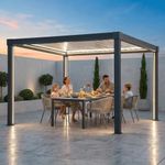 SUNJOY Louvred Pergola with Solar LED Lights, 3 x 3 m All-Weather Aluminium Hardtop Gazebo, Manual Crank Adjustable Roof, Integrated Drainage, Wind & Snow Resistant Outdoor Shelter