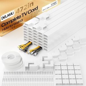 Delamu TV Cord Hider Wall, 472in Cable Hider, Large Cord Covers for 3-4 Wires on Wall, Paintable Cable Raceway to Hide Wires on Wall with 30 Raceways & 37 Accessories, 1.18in W x 0.67in H, White
