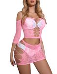 Avidlove Women Lingerie Set Lace Fishnet Babydoll Sexy Nightwear Boudoir Outfits with Skirt Pink M