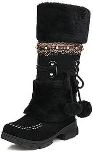 RiceelSor Women’s Winter Lace Up Pompoms Mid-Calf Snow Boots Fashion Cozy Anti-Slip Furry Cuff Outdoor Cold Weather Warm Fur Lined Tall Boot, Black, 8