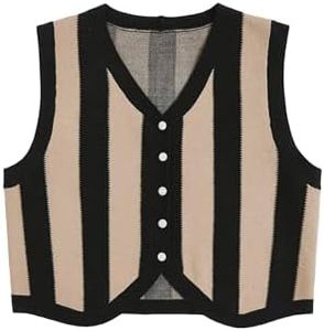 Floerns Women's Argyle V Neck Button Front Cardigan Sleeveless Knit Sweater Vest Black Striped M