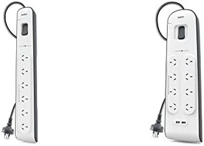 Belkin 6-Outlet Surge Protection Strip with 2M Power Cord, White/Grey, (BSV603au2M) & 8-Outlet Surge Protection Strip with 2,4 Amp USB Charging, White/Grey (BSV804au2M)