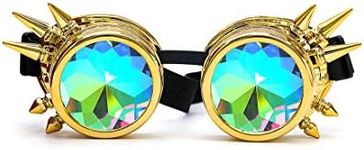 DPLUS Motorcycle Goggles Kaleidoscope Rave Rainbow Crystal Lenses Vintage Goggles Glasses for Men Women Kids Youth Adult (Gold)