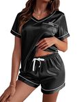 Ekouaer Silk Pajama for Women Short Sleeve Satin Pj Set Two Piece Soft Sleepwear Loungewear Casual Pjs for Summer Black Large