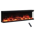 FLAMEKO Leura with Premium Logs 152cm/60" 3-Sided Panoramic View Electric Fireplace or Recessed, 9 Colour LED Flame Effect, TV Safe Media Wall Fire, 2 Heat Settings 900-1800W, Remote