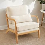 Karl home Accent Chair Mid-Century Modern Chair with Pillow Upholstered Lounge Arm Chair with Solid Wood Frame & Soft Cushion for Living Room, Bedroom, Balcony, Beige & Natural (Low Back)