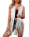 Hotouch Fringe Tops for Women Western Outfit for Women white Fringe Vest Open Front Faux Suede Hem Sleeveless Vest Waistcoat Cardigan