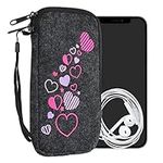 kwmobile Felt Phone Pouch Size XL - 6.7/6.8" - Zippered Universal Bag with Zipper and Embroidered Design - Heart Mix Pink/Violet/Dark Grey