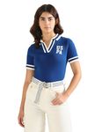 U.S. POLO ASSN. Women's Striped Collar Pique Polo Shirt (UWSS24PTS010_Blue_S)