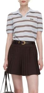 GOELIA Women Stripe Knit Polo Shirt Viscose Linen Blend Johnny Collar Short Sleeve Preppy Top Lightweight Breathable Casual Retro Striped T-Shirt for Spring Summer