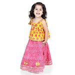 BownBee Girls Cotton Hathi Print Leheriya Lehenga Choli Indian Traditional Ethnic Dress for Kids with Sleeveless, Round Neck, Dresses for Baby Girl, Ideal for All Festive Occasions (Yellow, 3-4 Yrs)