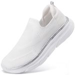STQ Slip On Walking Shoes for Women Nurse Non Slip Shoes Lightweight Exercise Gym Shoes with Memory Foam Platform Shoes White Size 8