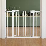 BABELIO 26-40 Inch Easy Install Extra Wide Pressure Mounted Metal Baby Gate, No Drilling, No Tools Required, with Wall Protectors and Extenders (White)