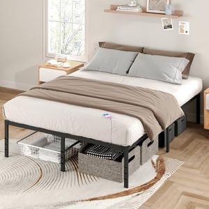 ADVWIN Queen Size Bed Frame with Charging Station Black, Metal Platform Bed Frame with Heavy Duty Steel Slats, 38cm Storage Space Beneath Bed, No Box Spring Needed (Queen)