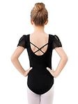 boruizhen Ballet Leotard for Girls, Puff Sleeve Gymnastics Leotards, Cross Strap Ballet Outfit for Kids 6-8 Years Black