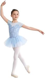 Yyuihri Ballet Leotards for Girls Lyrical Dance Costume Contemporary Skirted Gymnastics Leotard Lace Tutu Dress for Stage Light Blue 5-6 Years