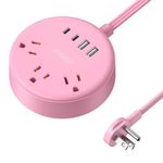 NTONPOWER Pink Power Bar, 5ft Extension Cord, 3 AC Outlets & 2 USB C & 2 USB A, Flat Extension Cord, Wall Mount, Flat Plug Power Strip for Home, Dorm, Vanity Desk, Nightstand, Women Travel Essential