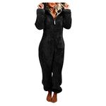 Fluffy Onesie for Women Clearance,Ladies Fleece Pyjamas Hooded Onesie Plush One-Piece Halloween Cosplay Costume for Adults Teens Teddy Winter Warm Hooded Flannel Jumpsuit,11 Black,S