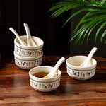 ExclusiveLane 'Whispers of Warli' Handpainted Ceramic Soup Bowl with Spoon Set of 4 (300 ML, Dishwasher & Microwave Safe Bowls) | Soup Bowl Ceramic Bowl Set of 4 Soup Bowl Set for Kitchen