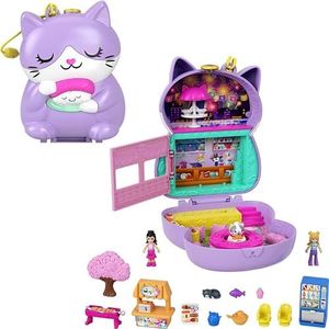 Polly Pocket HCG21 Zen Cat Restaurant Play Set, Box with 2 Micro Dolls and 12 Accessories, Toy for Children from 4 Years