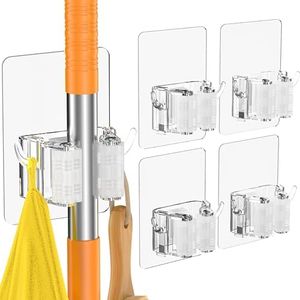 Batur New Version Super Anti-Slip Adhesive Mop and Broom Holder Wall Mount, 4 Pack Organizer Hanging for Bathroom, Kitchen, Laundry Room, Transparent