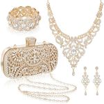 Quelay 4 Pcs Purse Rhinestone Jewelry Set Evening Clutch Bag Bling Crystal Necklace Dangle Earrings Bracelets Accessories (Gold)