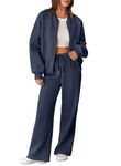 Aleumdr Women's 2 Piece Outfits Oversized Fleece Sweatsuit Zip Up Long Sleeve Sweatshirt with Wide Leg Sweatpants Navy Blue Large