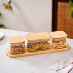 Nestasia Set of 3 Borosilicate Glass Snack Jars with Tray | Stylish Storage for Nuts, Dry Fruits, and Snacks | Ideal for Home and Entertaining